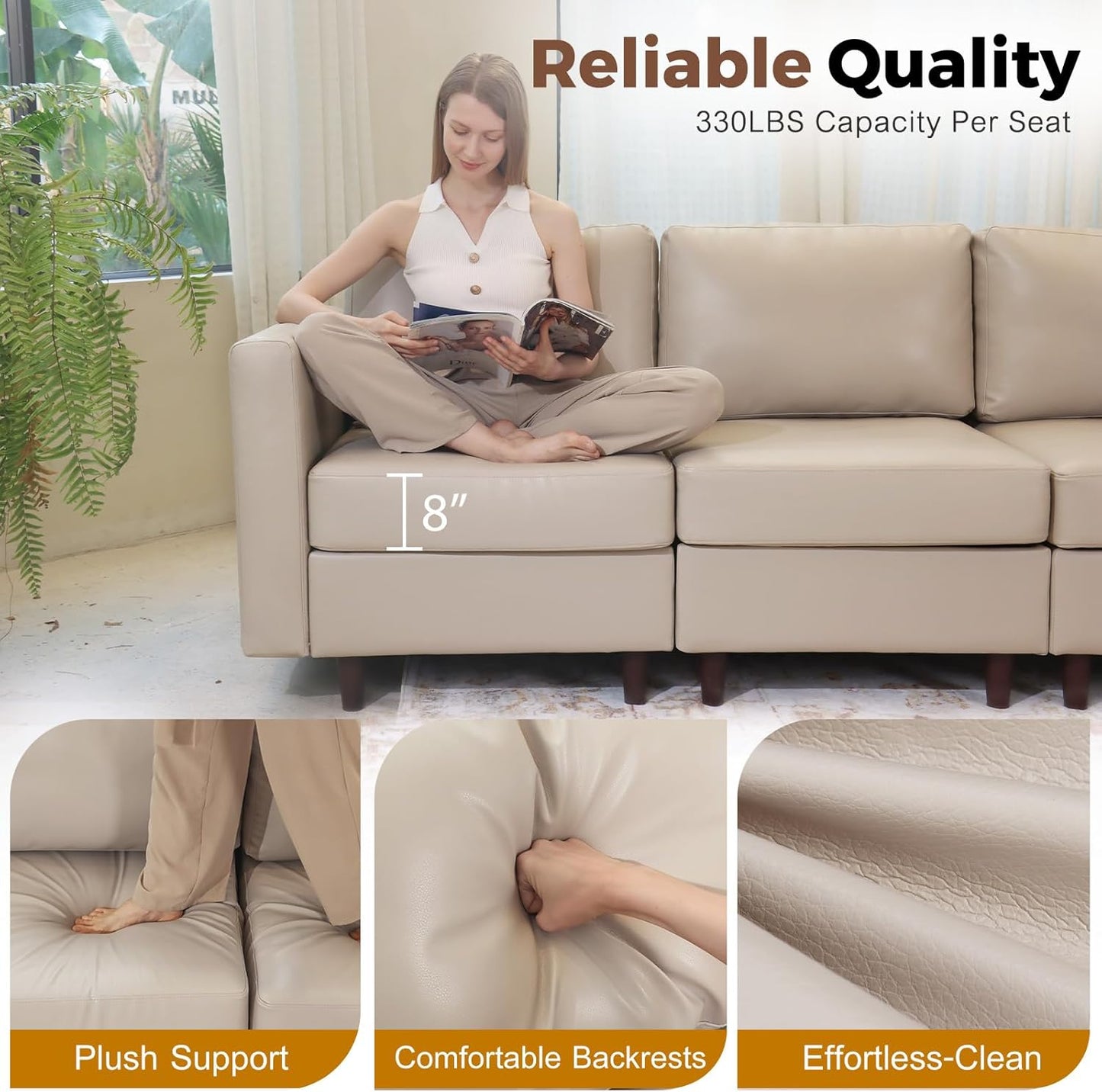 118.5" Luxury Modular Sleeper Sofa Bed with Storage Seat, 8 Seat Sectional Couch Deep Seat with Reversible Chaises & Removable Cover - Whitesand Faux Leather