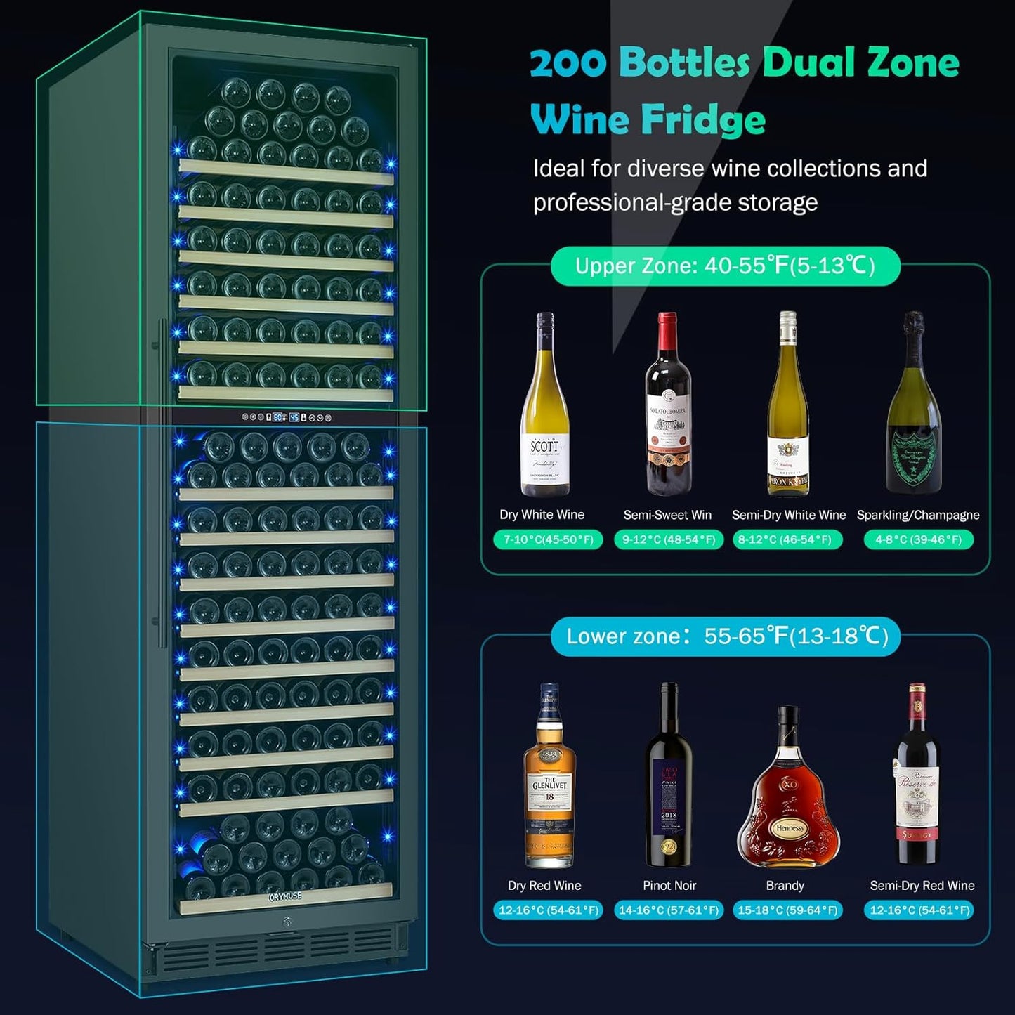 200 Bottle Dual Zone Wine Fridge – 24 Inch Large Capacity Wine Cooler Refrigerator Freestanding/Built-In with Upgraded Compressor, Low-Noise Wine Cellar & Intelligent Temperature Control - Black