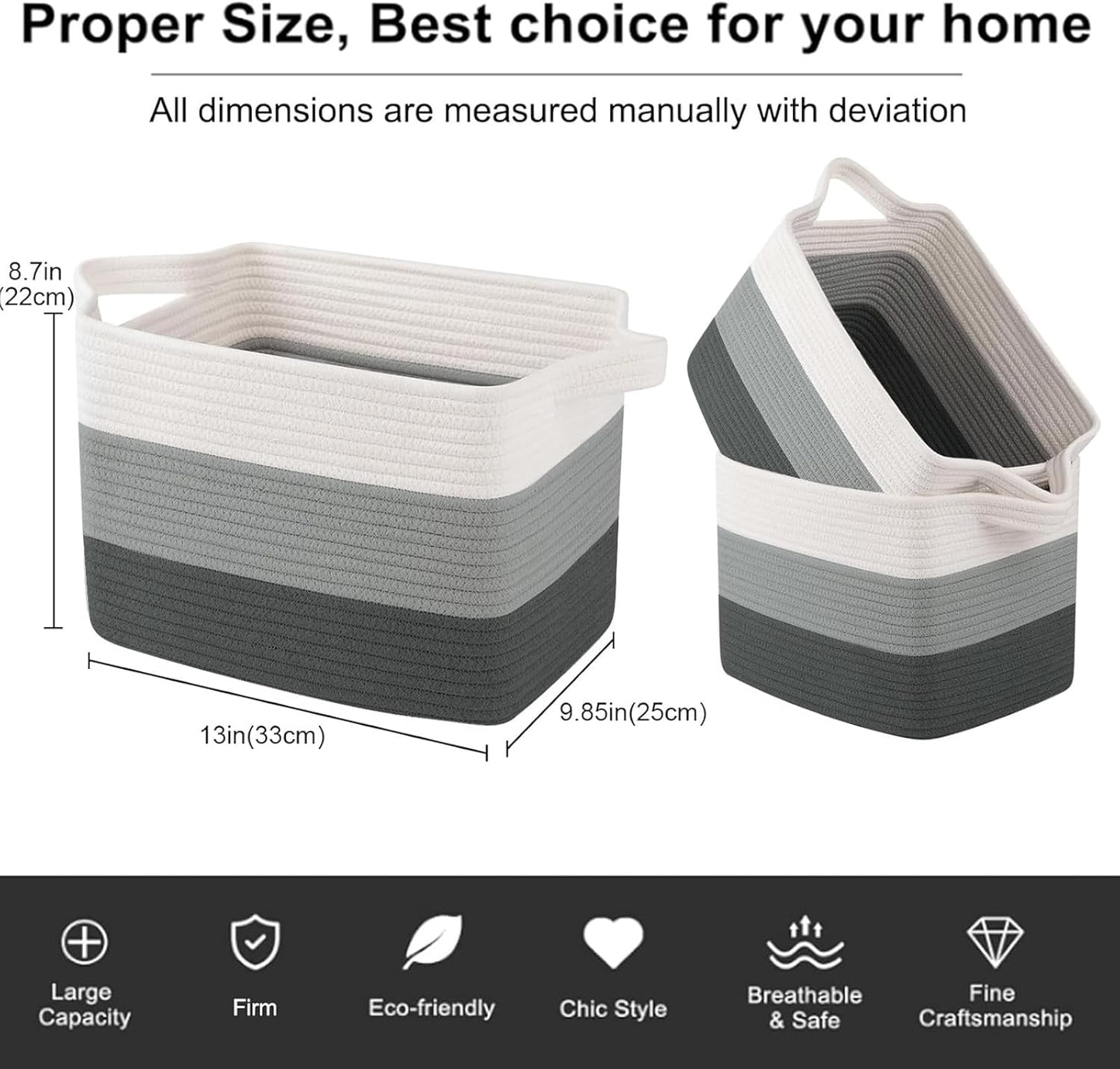 OIAHOMY Storage Basket, Woven Baskets for Storage, Cotton Rope Basket for toys,Towel Baskets for Bathroom - Pack of 3, Gradient Dark Gray