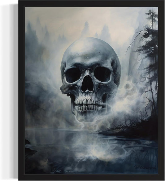 Foggy Skull Poster Art Print, Halloween Scary Vintage Wall Art Academia Spooky Painting Decoration for Horror Prints, Gothic Posters Bedroom Decor 89 (Foggy Skull, 8 x 10 inches, Black Frame)