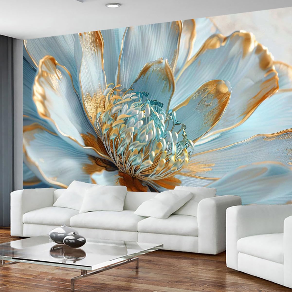 Artificial Sunflower Floral Wallpaper with Green and Gold Floral Leaves Mural for Interior Wall Decoration（Not Peel and Stick） 108"x75"