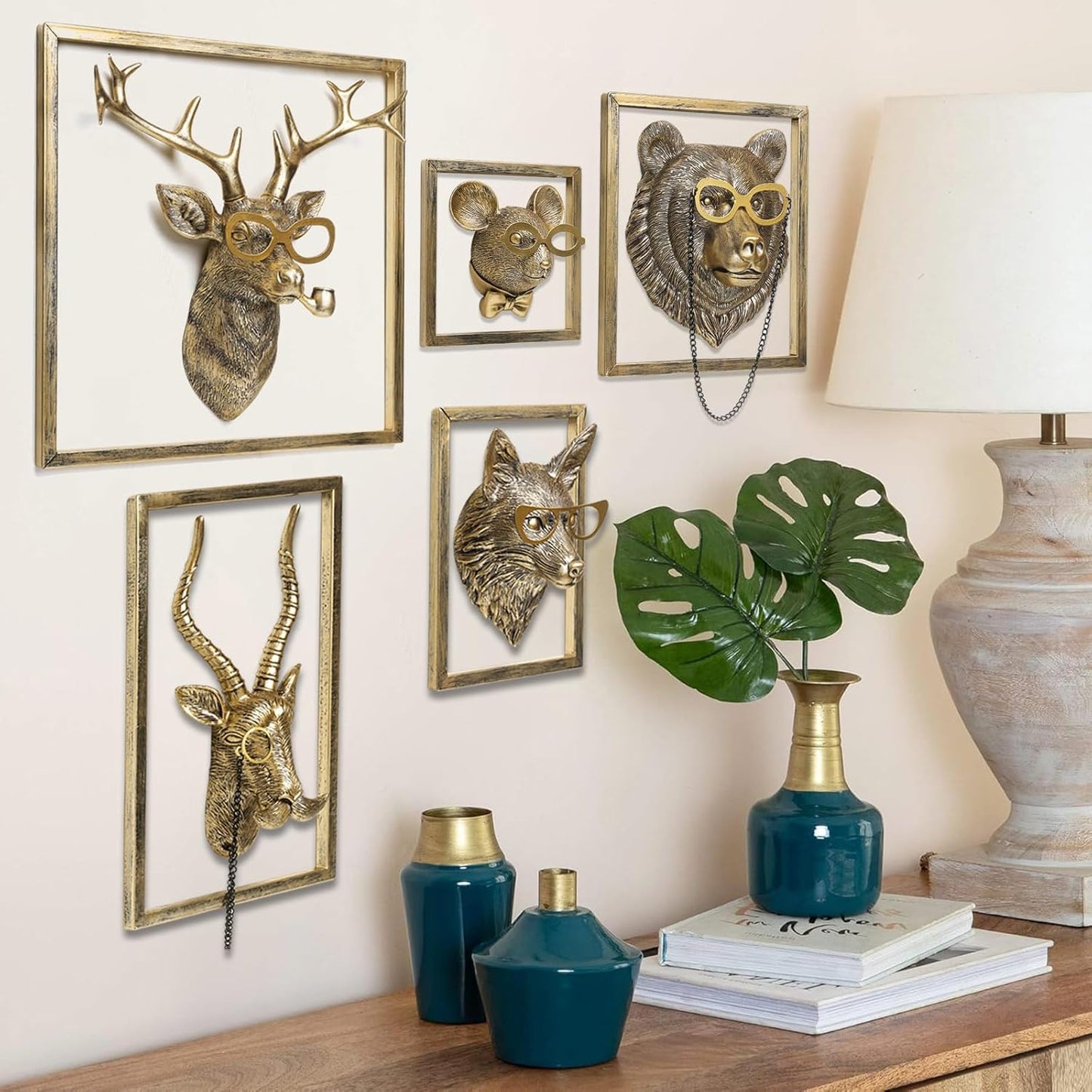 Animal Heads Wall Decor (5pcs, Includes Metal Frame) Resin Animals Sculptures Head Wall Hanging Decoration Gold vintage Wall Sculpture for Living Room Bedroom Office