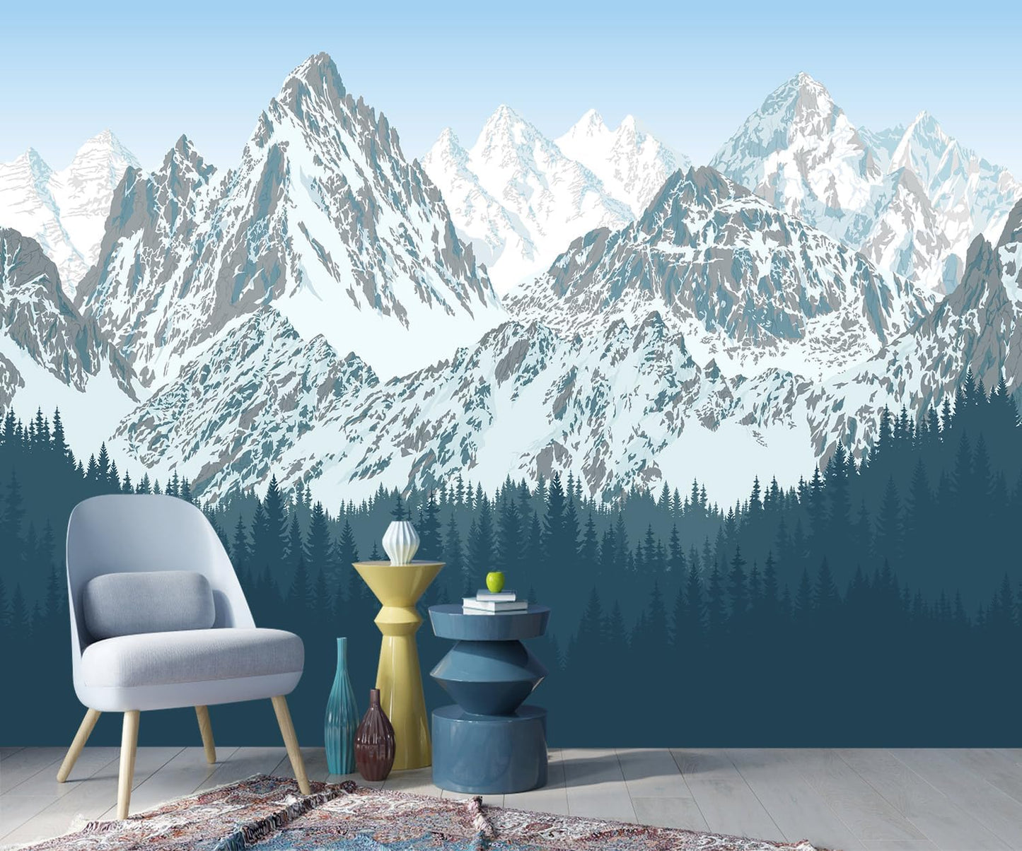 -Forest Snow Mountain Peaks Blue Sky Wallpaper Bedroom Living Room XT09 L 180" x 115"