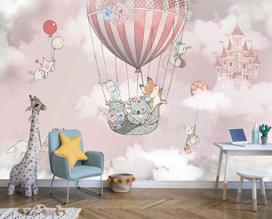 Animal Castle hot air Balloon Pink Wallpaper for Girls Room Wall Decoration Mural（Not Peel and Stick）