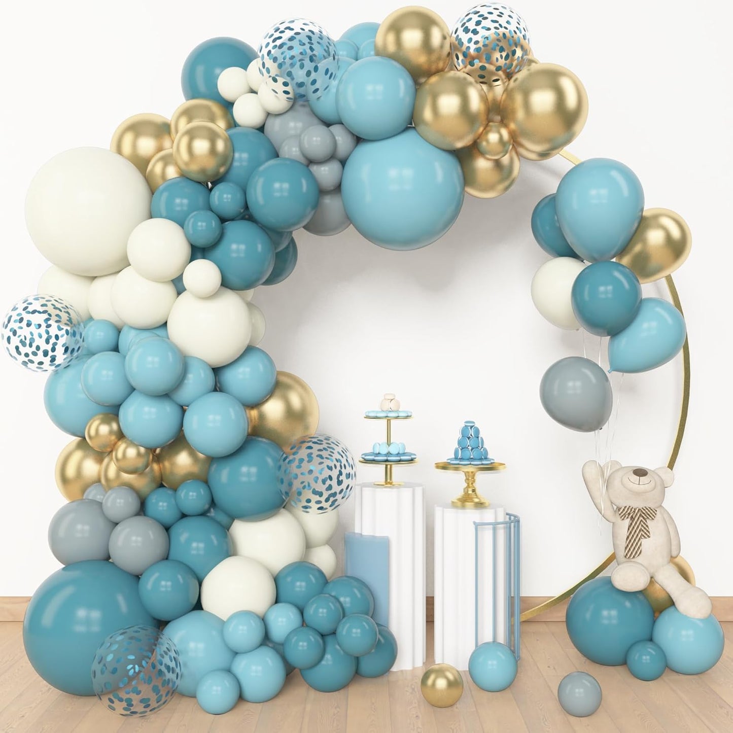 Amandir 153pcs Dusty Blue Balloon Garland Arch Kit, Different Sizes 18 12 10 5 inch Slate Fog Blue Ivory Latex Metallic Confetti Balloons for Boys Birthday Baby Shower Ocean Theme Party Decorations