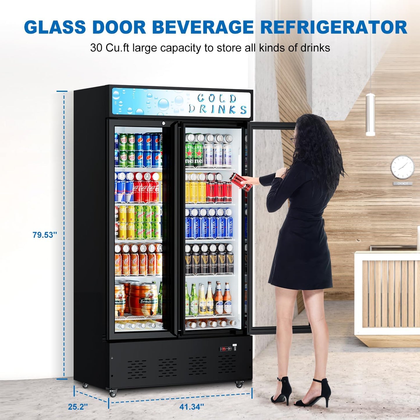 30 Cu.ft. Commercial Beverage Refrigerators Glass Door Refrigerator Upright Display Cooler with Soft LED Light and Adjustable Shelves for Restaurant Grocery Stores Home
