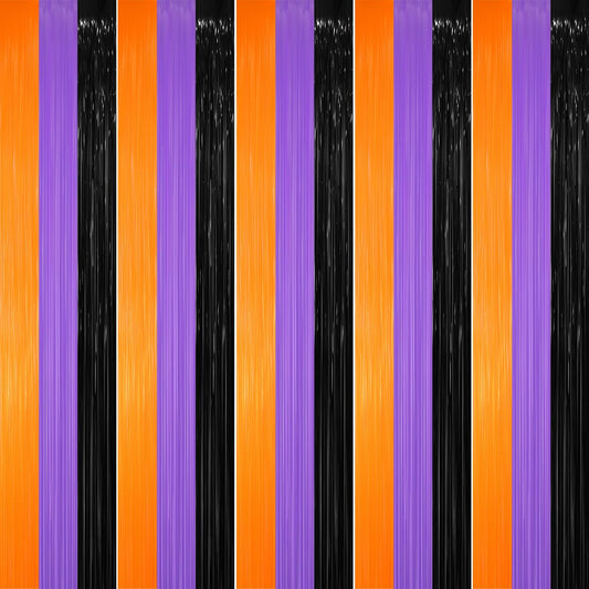 GOER 3.2 ft x 8.2 ft Metallic Tinsel Foil Fringe Party Backdrop for Halloween Birthday Graduation New Year's Party Decorations(5 Packs,Black&Orange&Purple)
