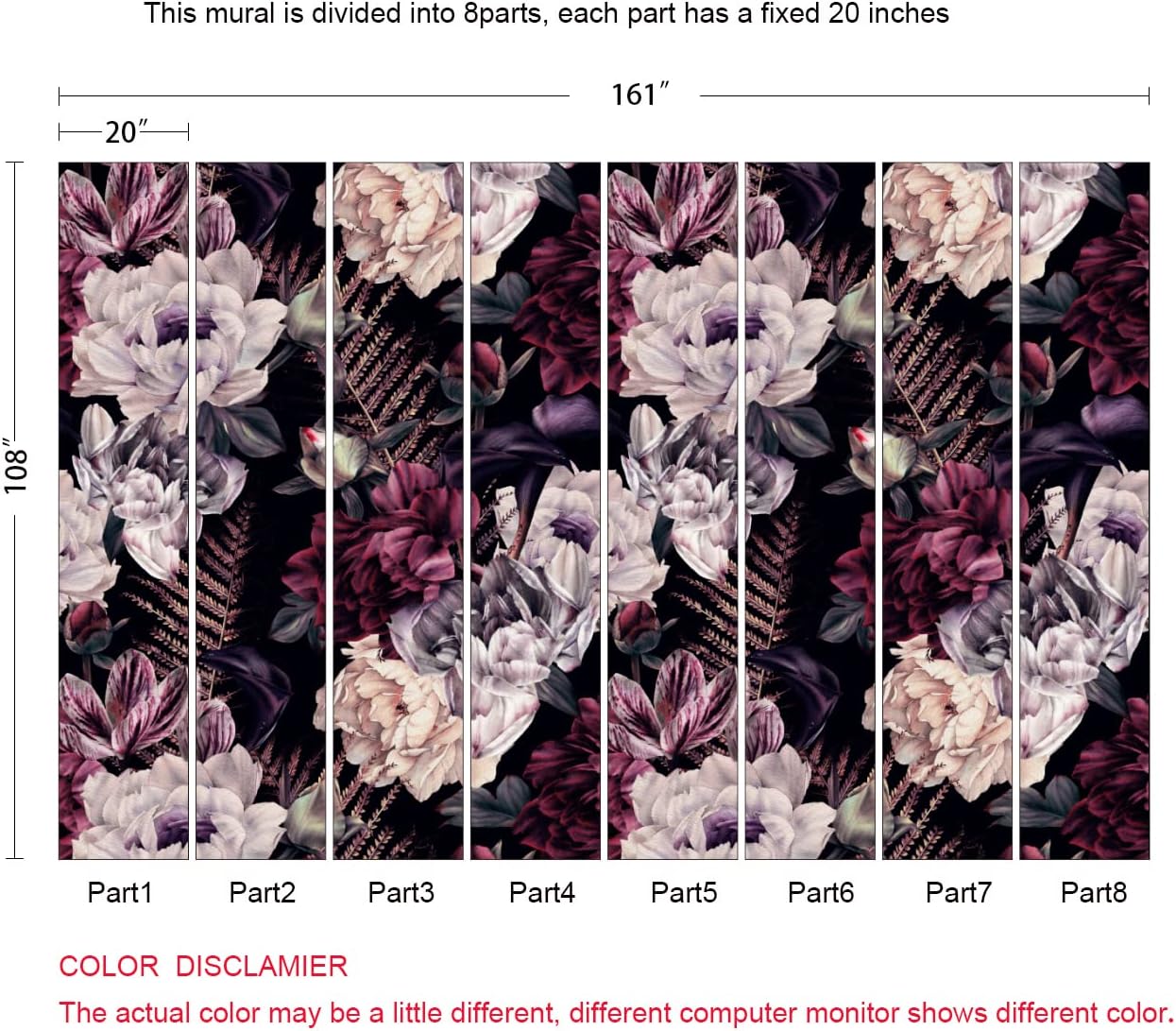 Floral Wallpaper Watercolor Dark Peony Flowers Mural Wallpaper for Bedroom Living Room (Not Peel n' Stick)
