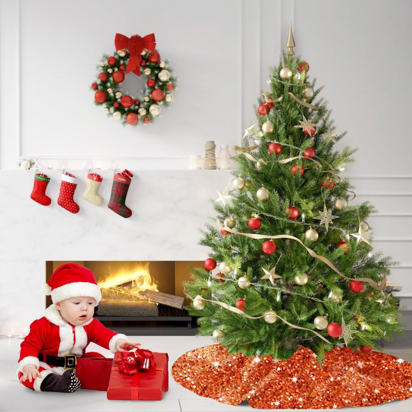 36 Inch Christmas Tree Skirt Sequin Burnt Orange Xmas Tree Skirt Halloween Christmas Tree Skirts Shimmer Tree Skirts Christmas Decoration Sparkle Tree Base Cover for Christmas Halloween Party Decor