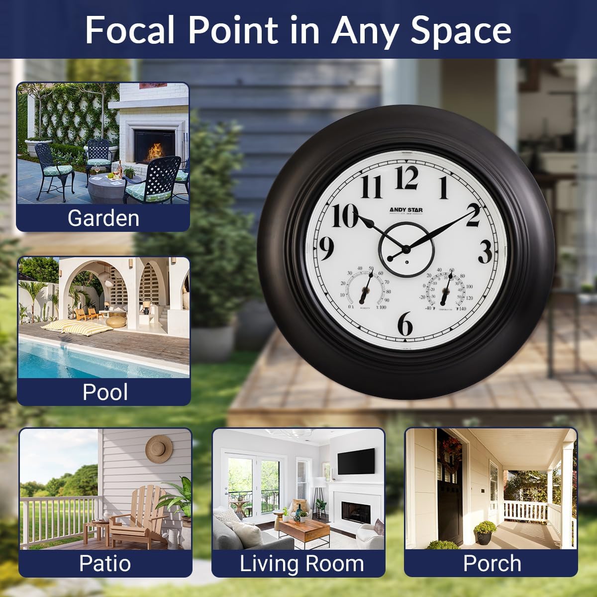 Andy Star 21 Inch Large Illuminated Outdoor Wall Clock Waterproof with Thermometer and Hygrometer, Oversized Battery Wall Clock for Patio Pool, Oil Rubbed Bronze Silent Non Ticking Clock for Garden