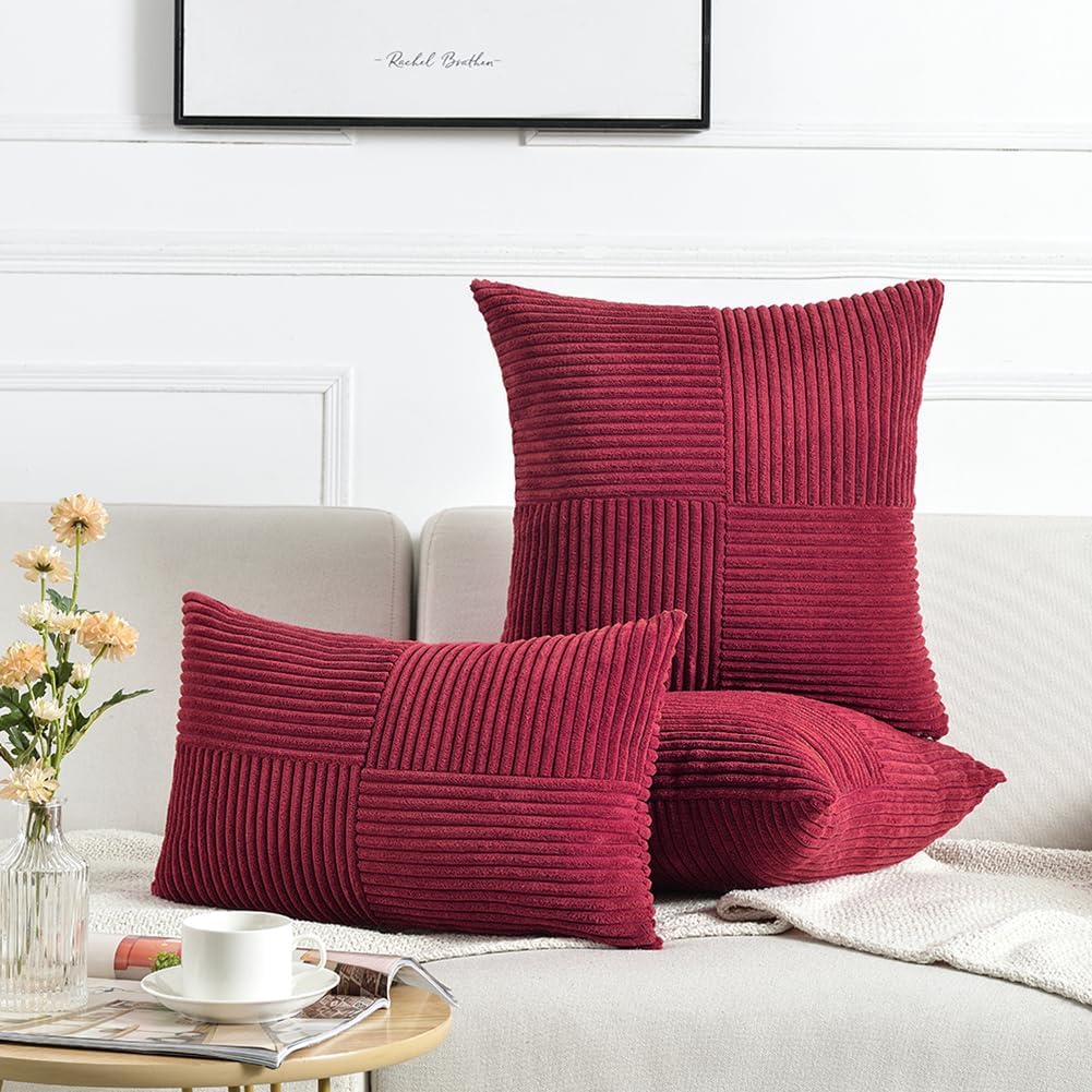 Fancy Homi 2 Packs Burgundy Long Lumbar Decorative Throw Pillow Covers 12x24 Inch for Couch Bed Sofa, Rustic Farmhouse Boho Home Decor, Soft Striped Corduroy Rectangle Accent Cushion Case 30x60 cm