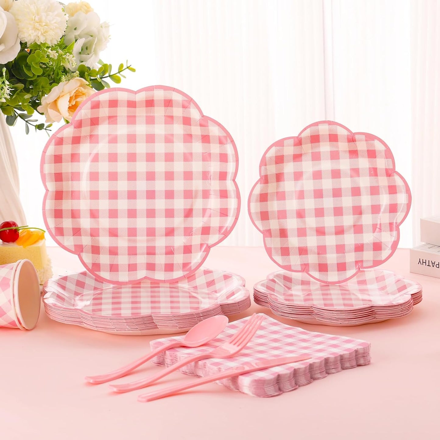 175 Pcs Pink Gingham Plates and Napkins Party Supplies - Pink and White Checkered Plates Sets Serve 25 Guests - Scalloped Gingham Paper Plate for Birthday Wedding Picnic Party Decorations