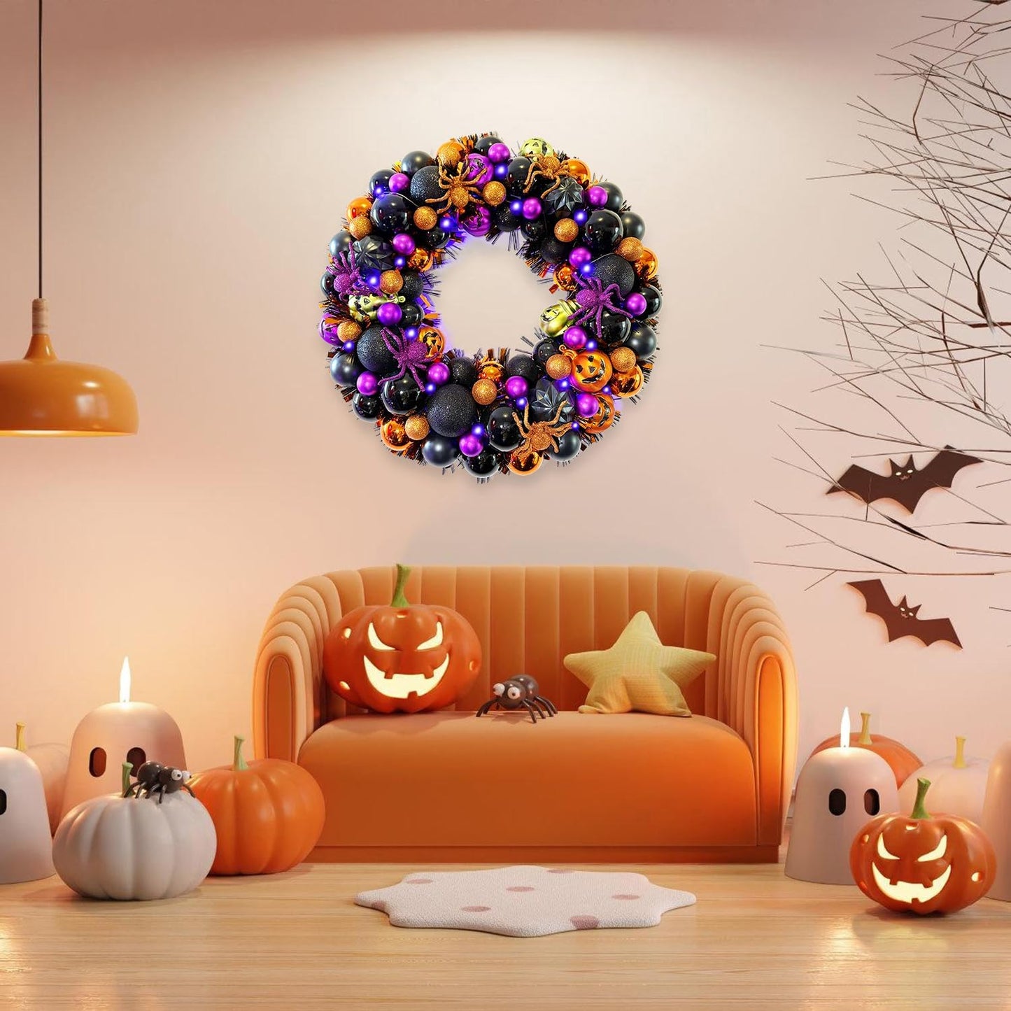 17 Inch Halloween Ball Wreath for Front Door with Lights, Lighted Cute Treat-or-Trick Door Wreath Ball Ornament for Halloween Indoor Decorations Centerpiece Party Holiday Wall Home Decor