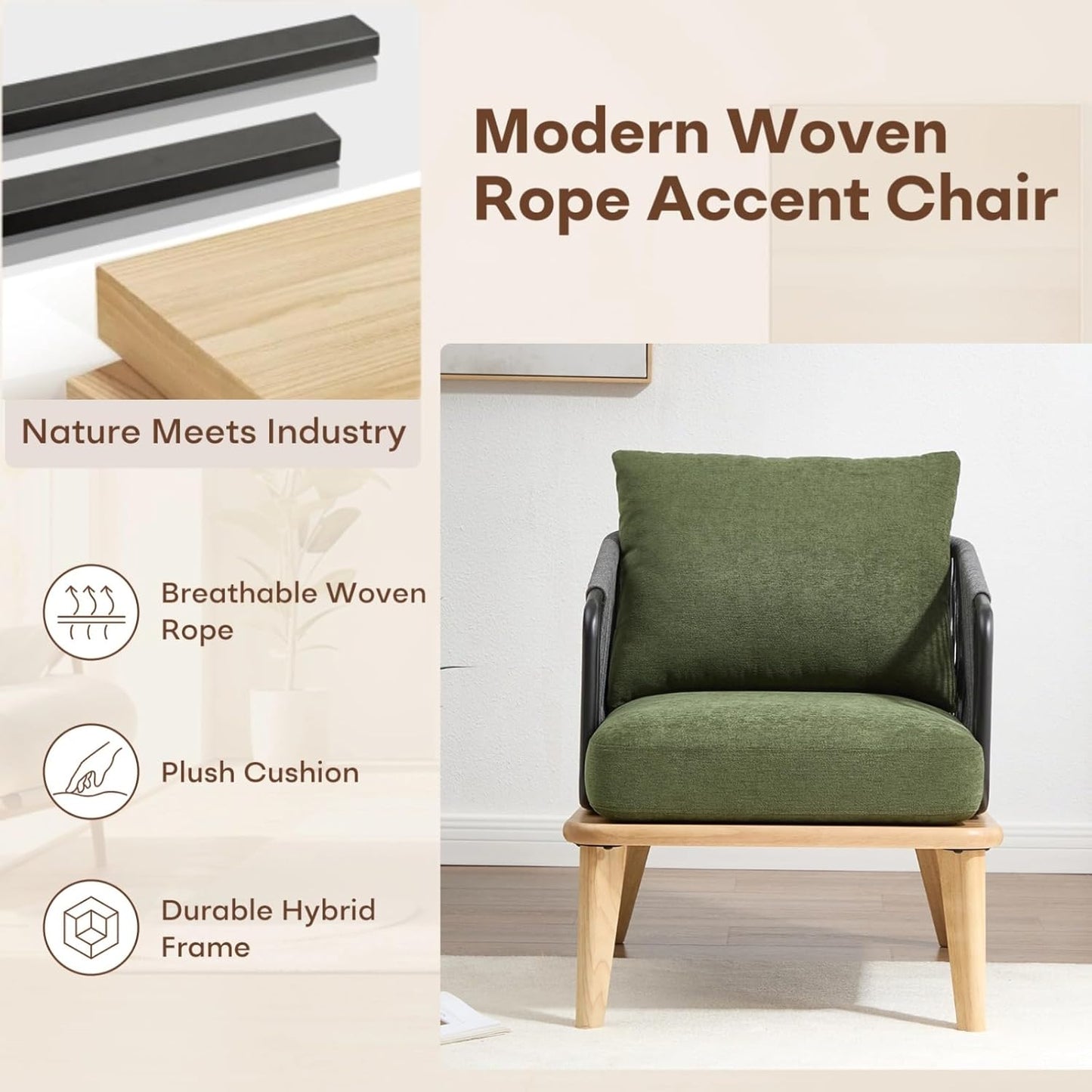 ANJ Accent Chair,Mid-Century Modern Reading Chair with Braid Armrests, Armchair for Living Room Bedroom Outdoor