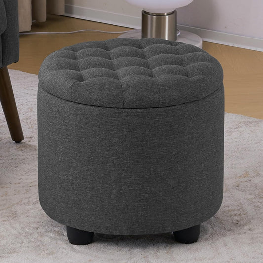 Furniliving 18.7inch Storage Round Ottoman, Footstools with Hidden Storage with Removable Lid, Stylish Button Tufted Design Ottoman Foot Stools for Living Room, Bedroom，Darkgrey