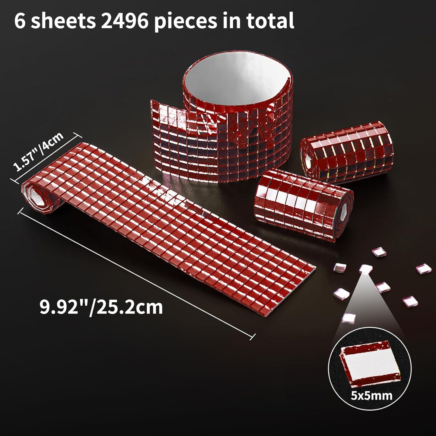 Art3dwallpanels 6 Pack Self Adhesive Glass Mirror Mosaic Disco Tiles Small Square Mirror Sticker for for DIY Disco Ball, Disco Cowboy Hat, Vase, Bottle, Interior Decoration, 2364 Pieces, Red