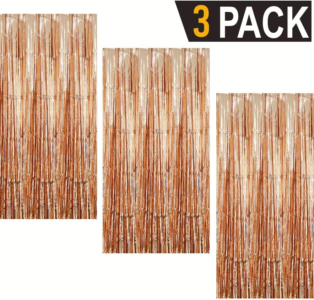 GOER 3.2 ft x 9.8 ft Metallic Tinsel Foil Fringe Curtains Party Photo Backdrop Party Streamers for Birthday,Graduation,New Year Eve Party Decorations Wedding Decor (3 Packs,Champagne Gold)