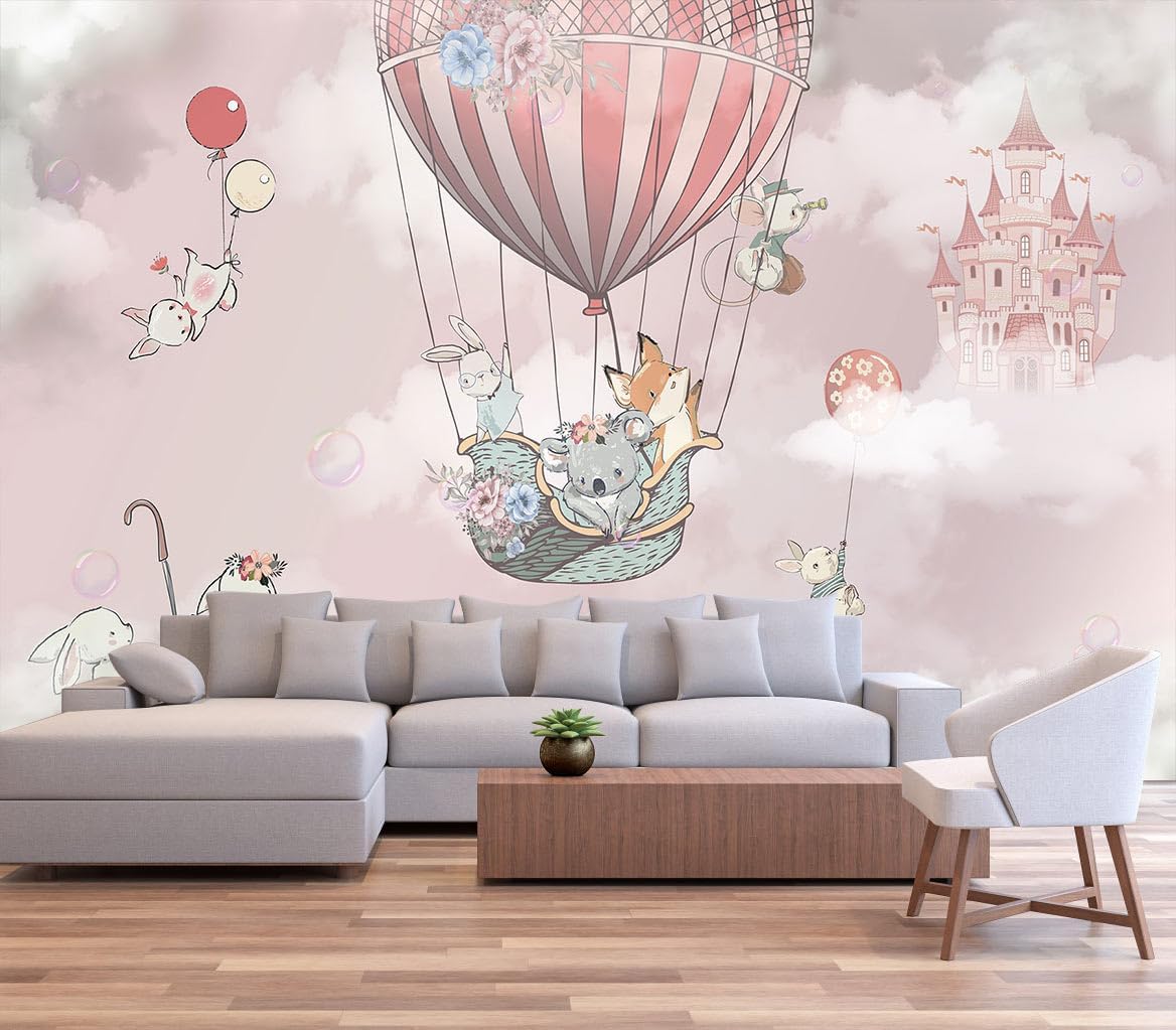 Animal Castle hot air Balloon Pink Wallpaper for Girls Room Wall Decoration Mural（Not Peel and Stick）