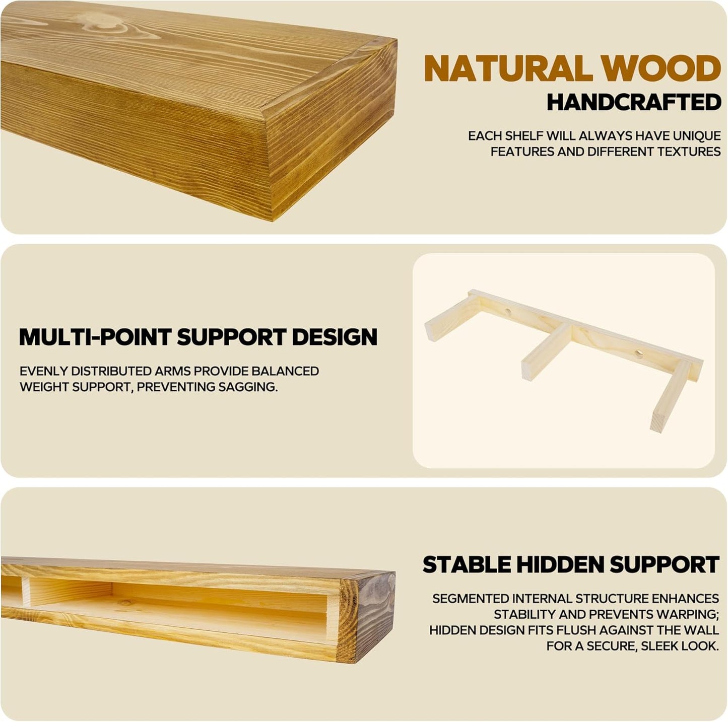 Floating Shelves 3 inch Thick for Wall Set of 2,Solid Pine Wood Wall Mount Shelf for Kitchen Living Room Bedroom Bathroom,8" D x 24" L x 3" H-Gold Oak