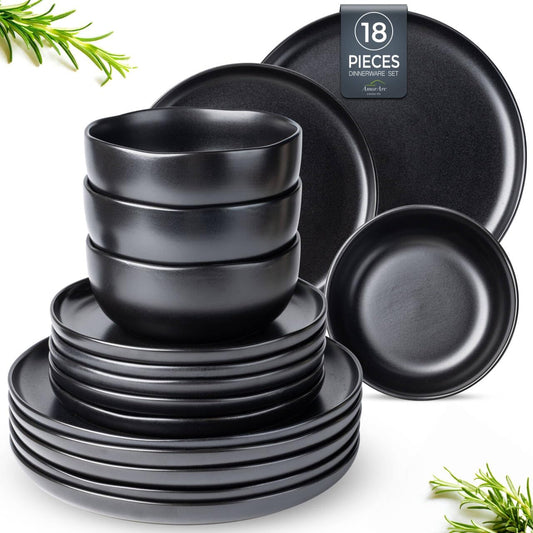 AmorArc Ceramic Dinnerware Sets, Wavy Rim Stoneware Plates and Bowls Sets, Highly Chip and Crack Resistant | Dishwasher & Microwave & Oven Safe Dishes set, Service for 6 (18pc)