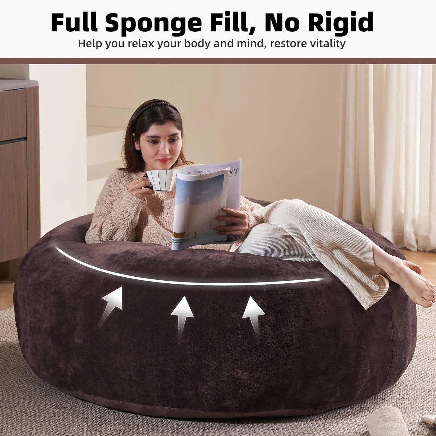 4FT Large Bean Bag Chairs,Big Adult Size Memory Foam Beanbags with Filler Included,Machine Washable Corduroy Cover,Ultra Soft Plush Gaming Bing Bag Puff Chair for Dorm, Living Room & Bedroom (Brown)