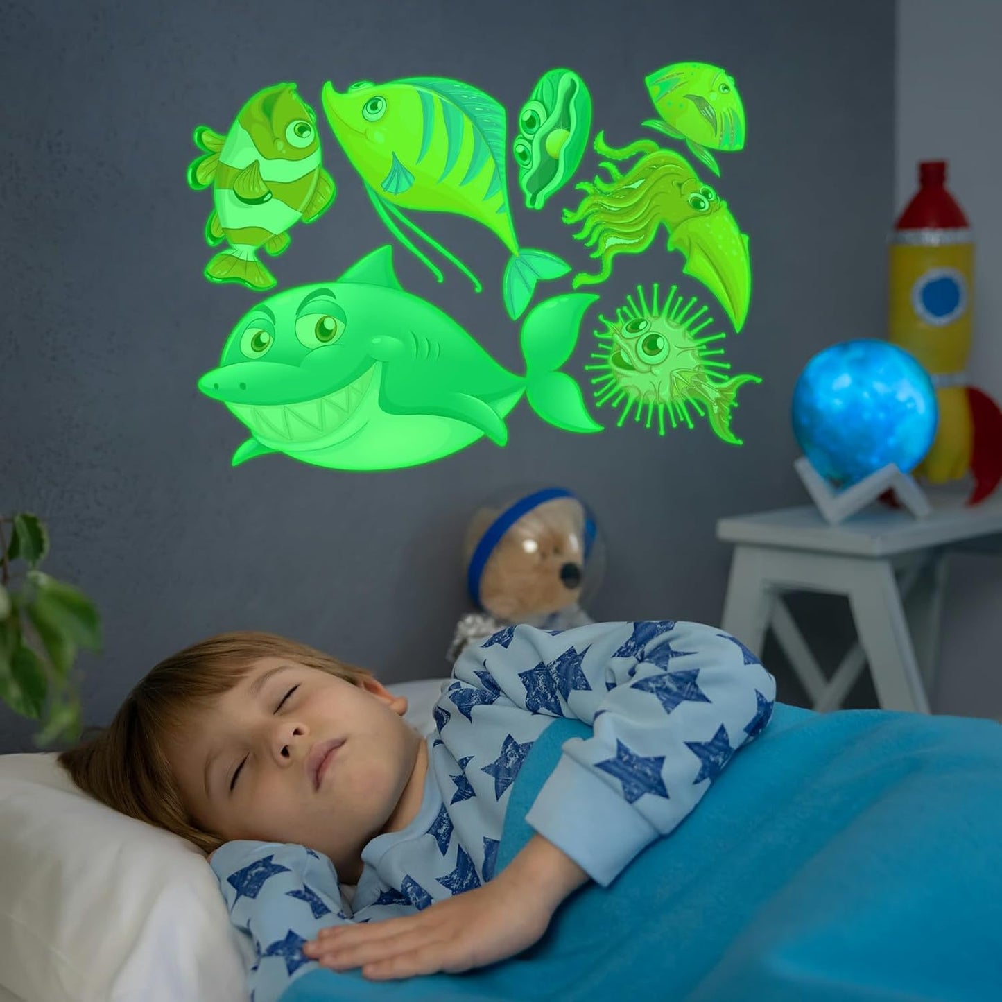 Glow in The Dark Ocean Fish Stickers, 36 PCS Glowing Luminous Sea Life Animals Wall Decals Under The Sea Ceiling Stickers for Kids Boys Girls Bedroom Nursery Playroom Party Room Decor