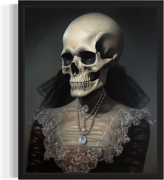 Female Skull Poster Art Print, Halloween Scary Vintage Wall Art Academia Spooky Painting Decoration for Horror Prints, Gothic Posters Bedroom Decor 89 (Female Skull, 11 x 14 inches, Black Frame)