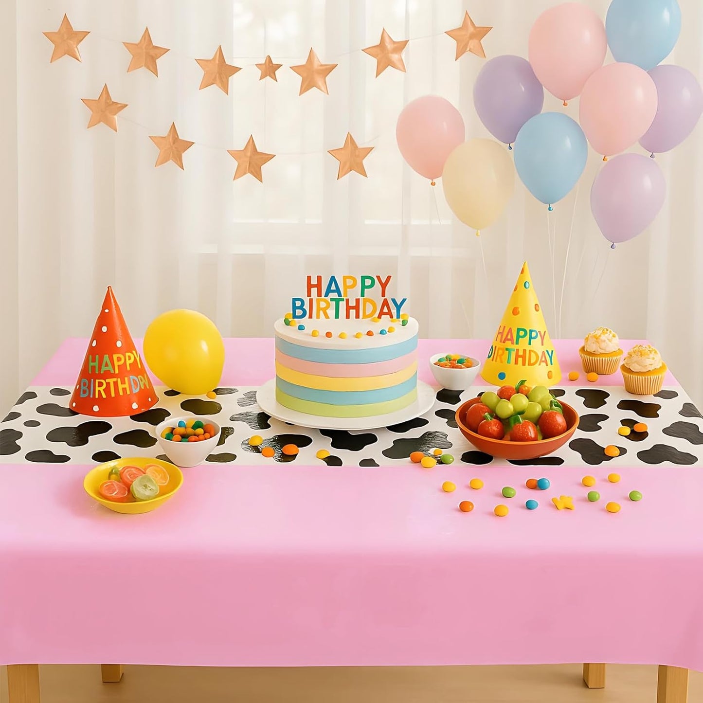 3 Pack 108 x 54 Inch Cow Print Tablecloth Cow Plastic Table Cover Birthday Party Table Cloth Disposable Plastic Farm Animal Party Cover for Disco Cowgirl Decorations Supplies Pink