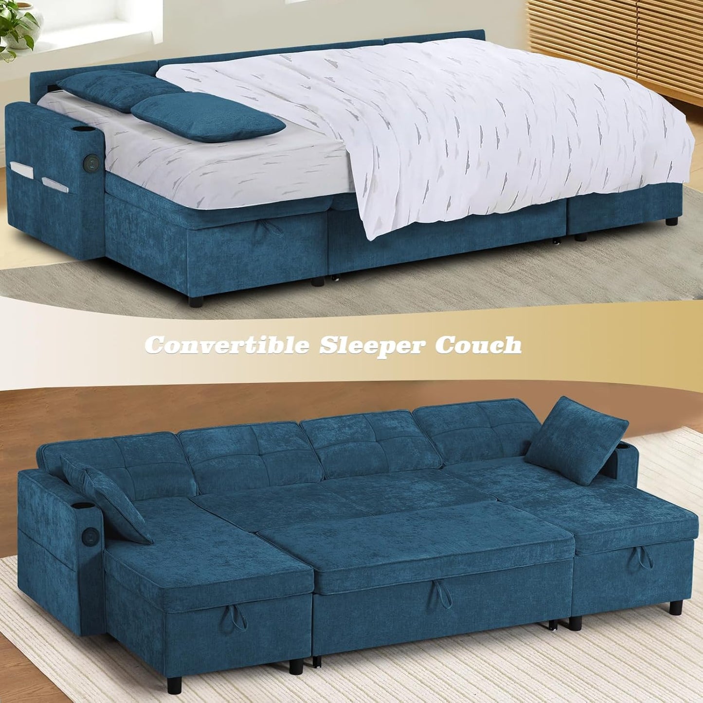 110 Inches Chenille Sectional Sofa w/Pull Out Sofa Bed & Adjustable Back, Tufted U Shaped Couch w/Two Storage Chaises, Sleeper Sectional Sofa w/USB Port & Cup Holders for Living Room, Blue