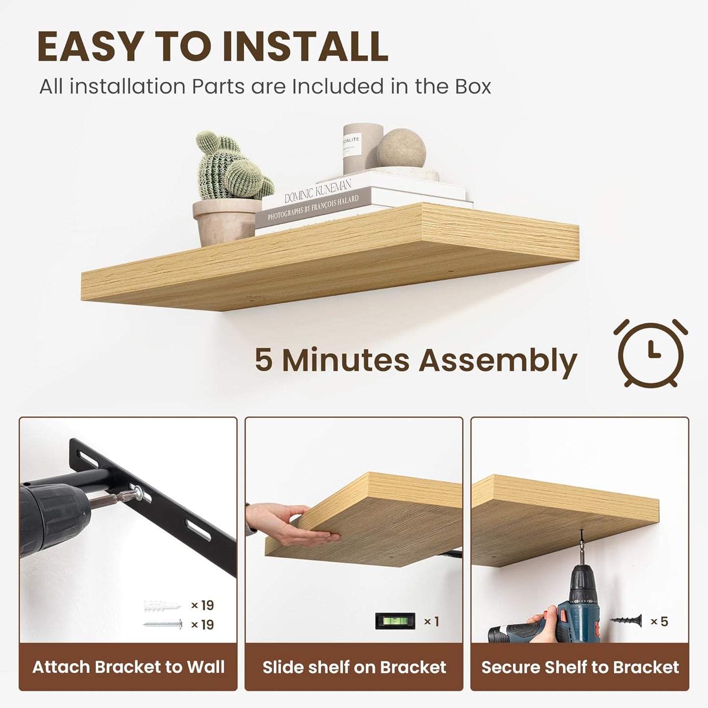 24 Inch Floating Shelves, 12 Inch Deep Floating Shelves for Wall, Floating Shelf with Invisible Brackets, Deep Shelves for Bathroom, Bedroom, Living Room, 2 Pack, Natural