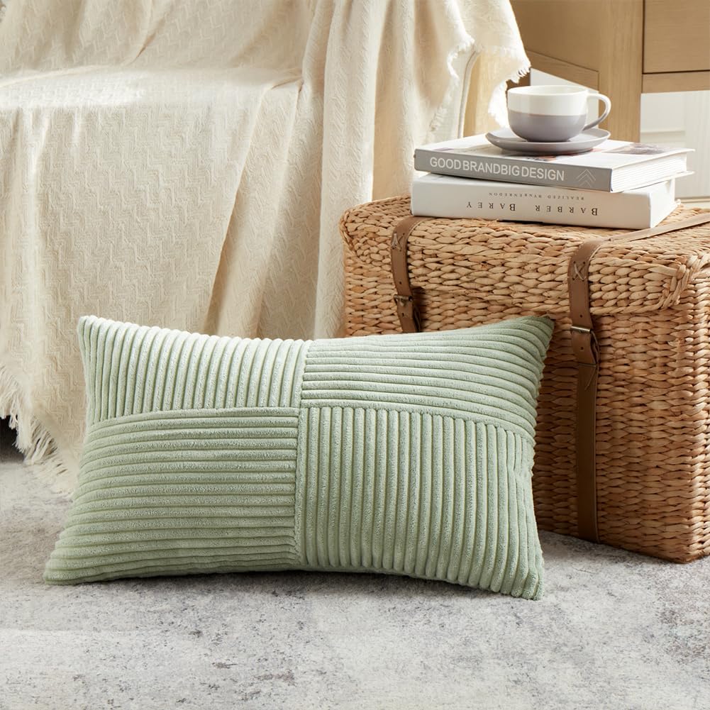 Fancy Homi 2 Packs Sage Green Lumbar Decorative Throw Pillow Covers 12x20 Inch for Living Room Couch Bed, Rustic Farmhouse Boho Home Decor, Soft Striped Corduroy Rectangle Accent Cushion Case 30x50 cm