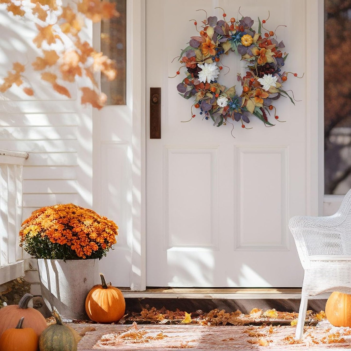 Fall Wreaths for Front Door Outside 24 Inch Autumn Wreath with Pumpkins, Silk Leaves & Purple Flowers Autumn Wreaths for Front Door, Halloween Wreath Decoration, Thanksgiving Decor