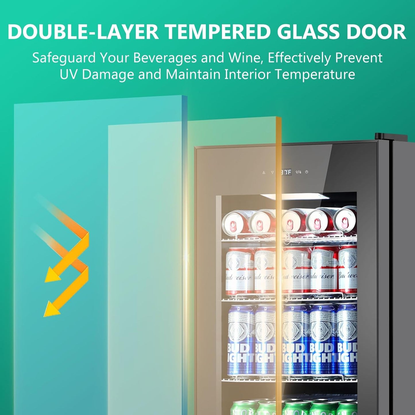 101 Cans Compressor Beverage Refrigerator, 17 Inch Drink Fridge with Glass Door, Adjustable Removable Shelves, Quiet Operation, Temp Memory, Beer Cooler for Soda, Beer, Water, Home Bar, Office