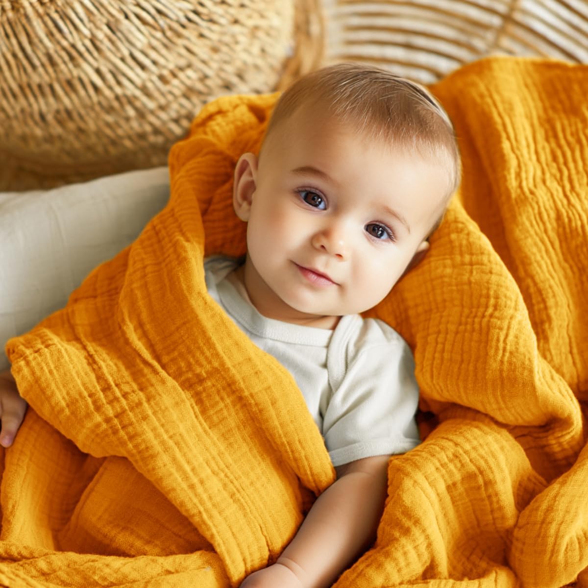 EMME Muslin Baby Blankets 100% Cotton 4-Layer Swaddle 40"x50" Lightweight Soft Breathable for Toddler, Infant, Newborn All Season Gauze Blanket, Mustard Yellow