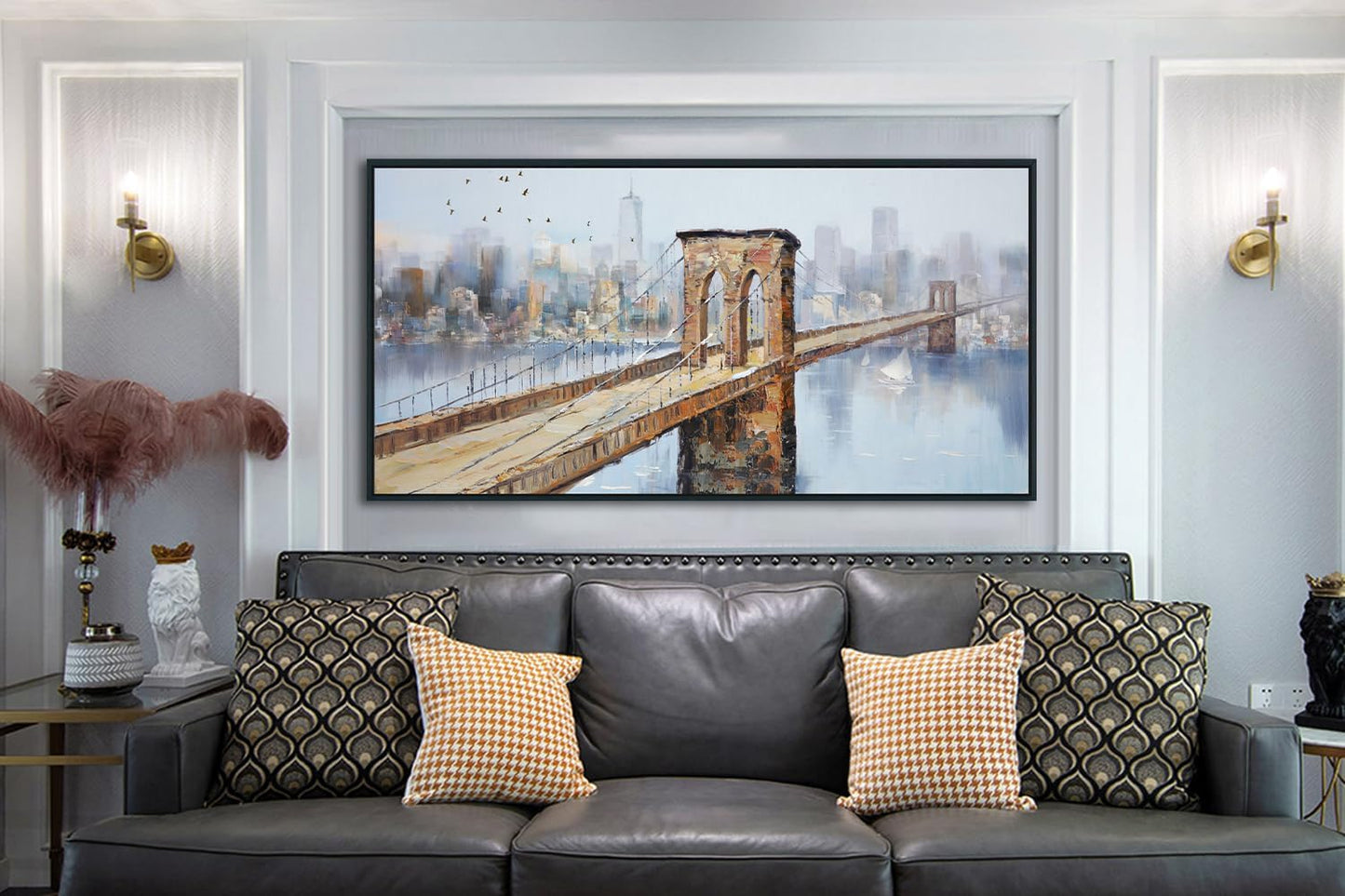 Arjun Brooklyn Bridge Canvas Wall Art Abstract Skyline New York City Painting Modern NY Cityscape Picture Textured Artwork for Bedroom Living Room Bathroom Home Office Wall Decor Framed Large 48"x24"