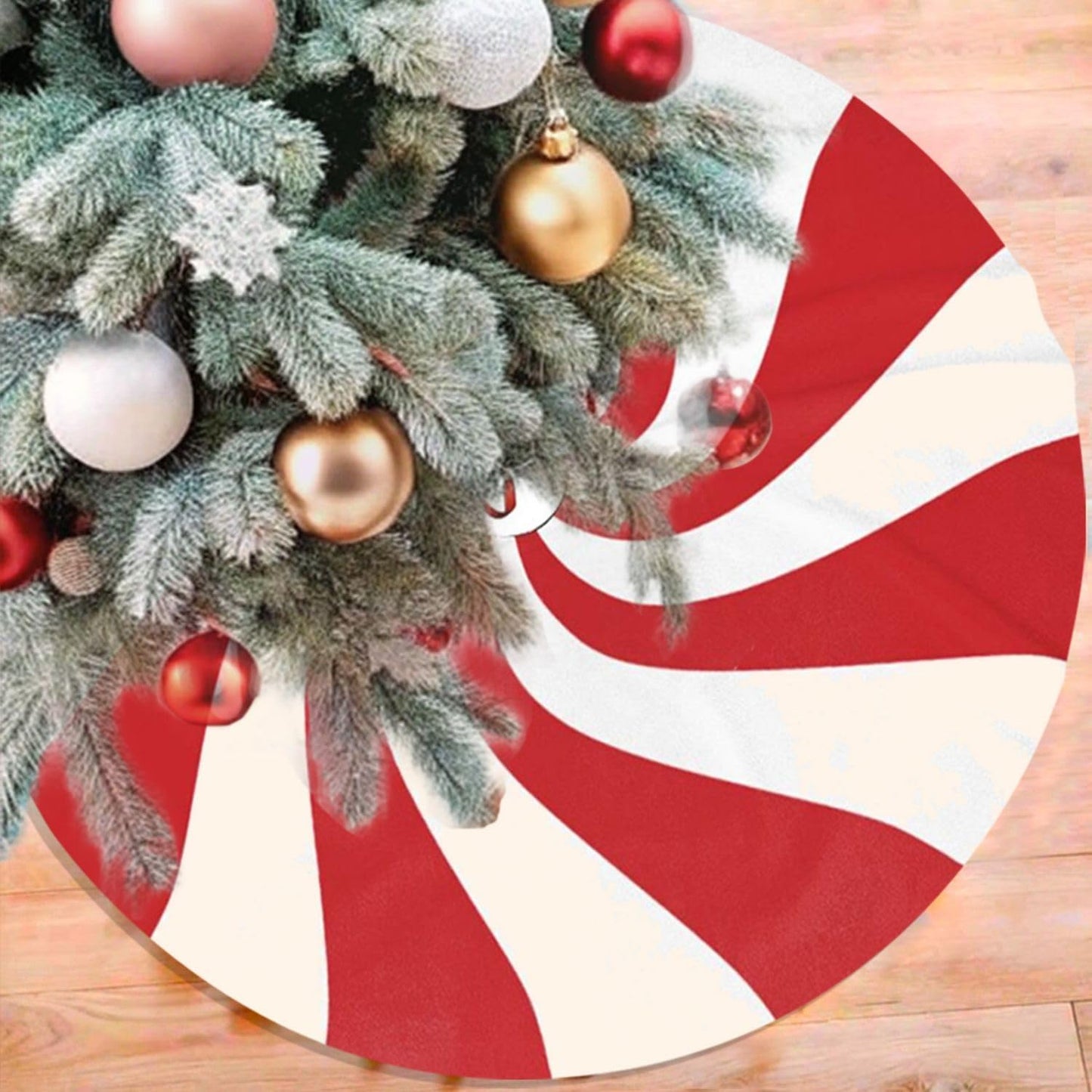 48" Large Christmas Tree Skirt, Red and White Peppermint Candy Round Pattern Tree Mat Base Cover for Xmas Festive Holiday Party Decoration Ornaments