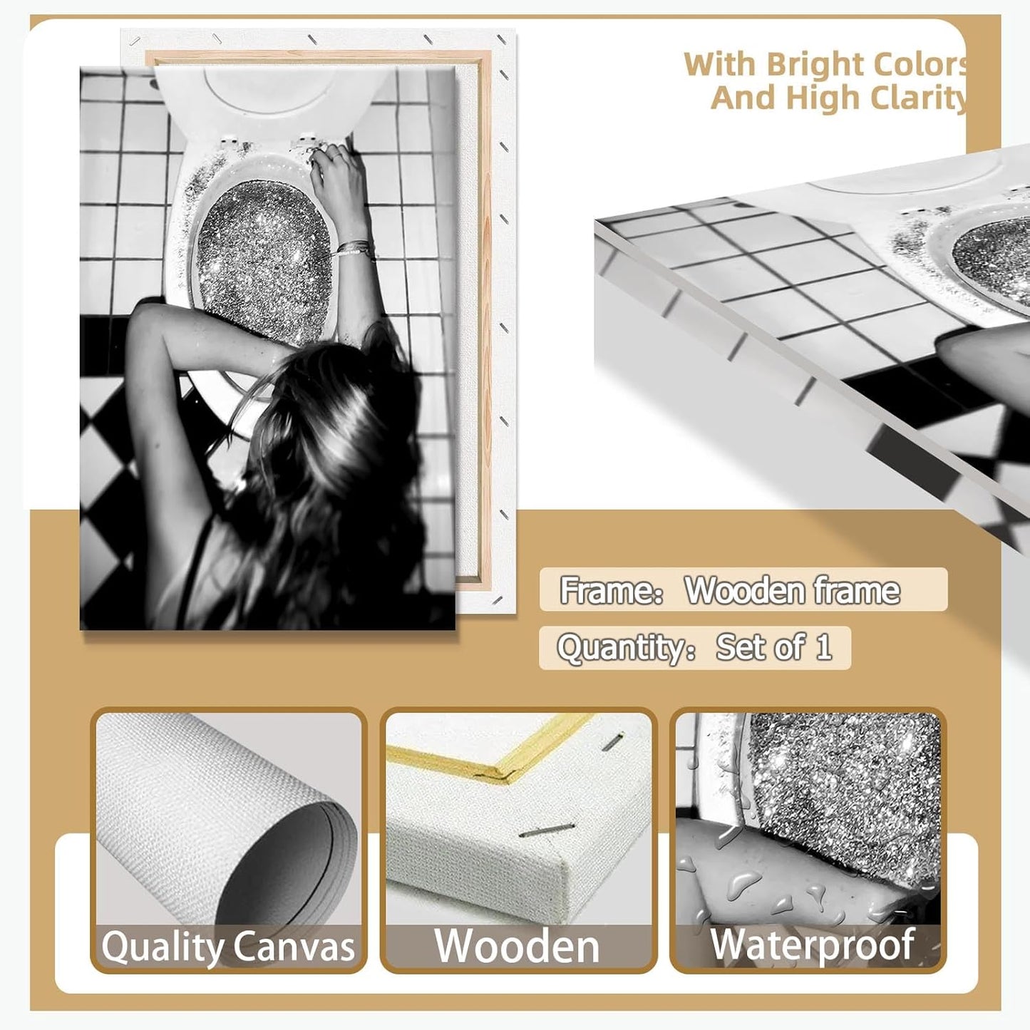 Funny Bathroom Wall Art Black and White posters Bar Disco Party prints painting Girls Bathroom Canvas wall art Funky aesthetics Teen Girl Bedroom wall decor for 12x16in Framed