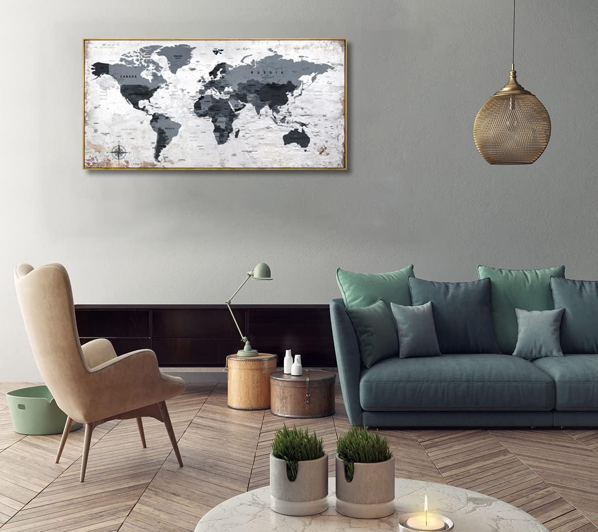 Framed wall art World Map Wall Art Canvas Picture 30inchx60inch Large Black and white Map of The World Canvas Painting Artwork Prints for Office Wall Decor Home Living Room Decorations Framed Ready to Hang