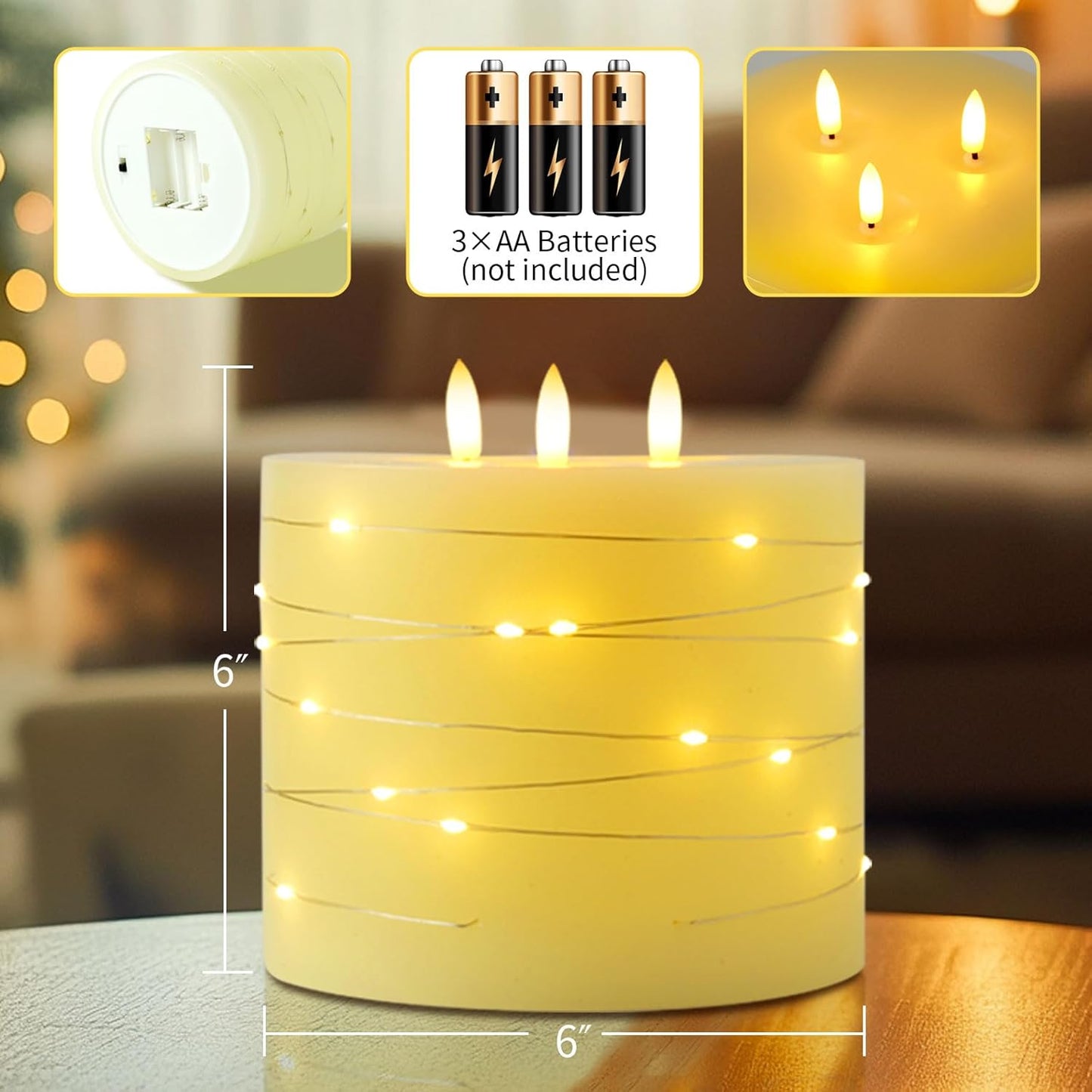 Amagic 6"x6" Extra Large Flameless Candles with 3 Wicks, Battery Operated Candles with Remote Control and Timer, LED Pillar Candles with Bling String Light, Real Wax, Realistic 3D Wick, Ivory