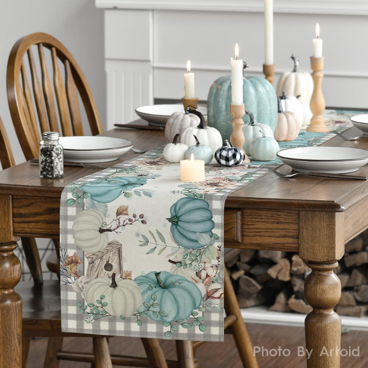 Artoid Mode Buffalo Plaid Pumpkins Leaves Fall Table Runner, Autumn Thanksgiving Kitchen Dining Table Decoration for Home Party Decor 13x72 Inch