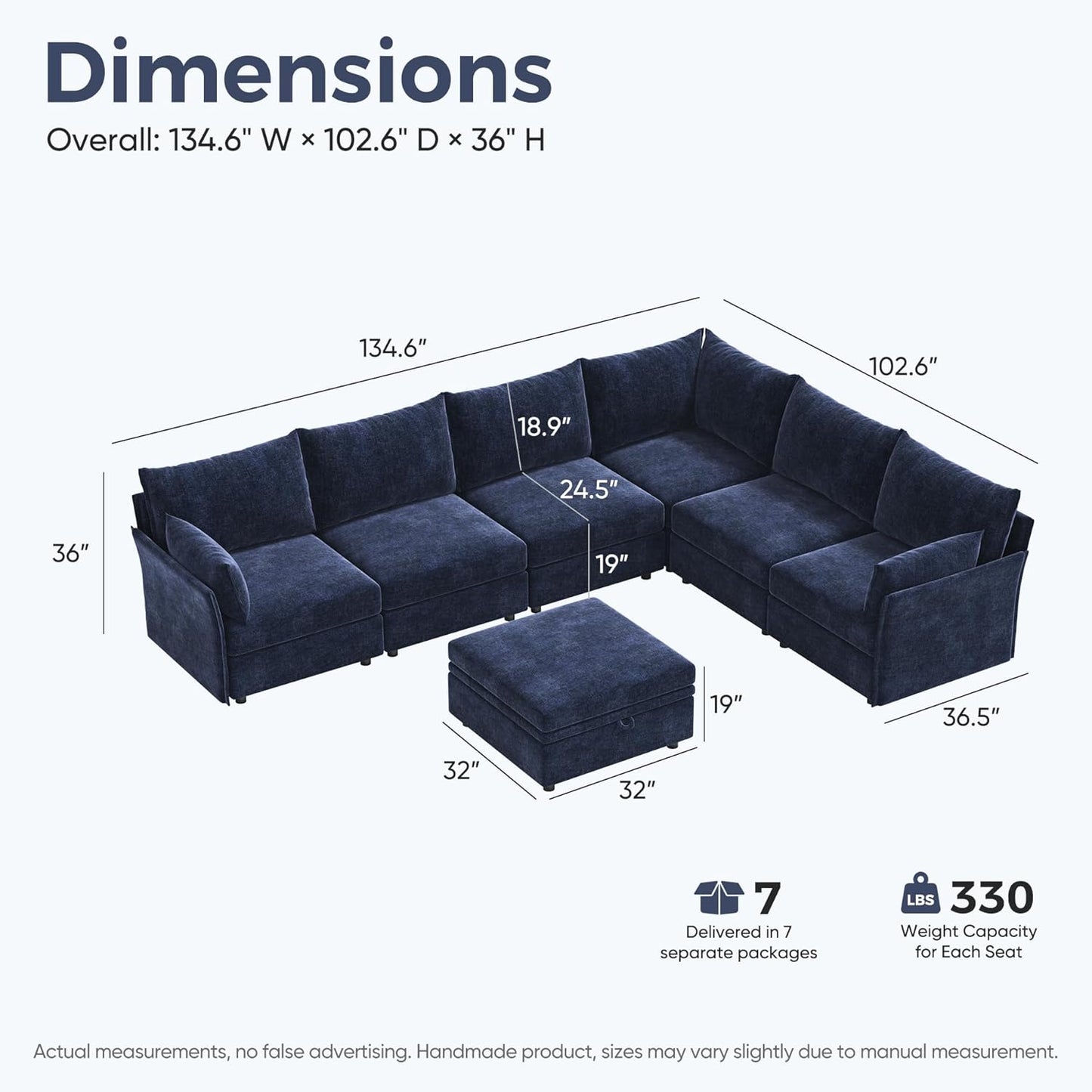 136.4" Oversized Modular Sectional Sofa, L Shaped Convertible Couch with Movable Ottoman, Large 7 Seat Corner Couches for Living Room Deep Seat Blue Chenille