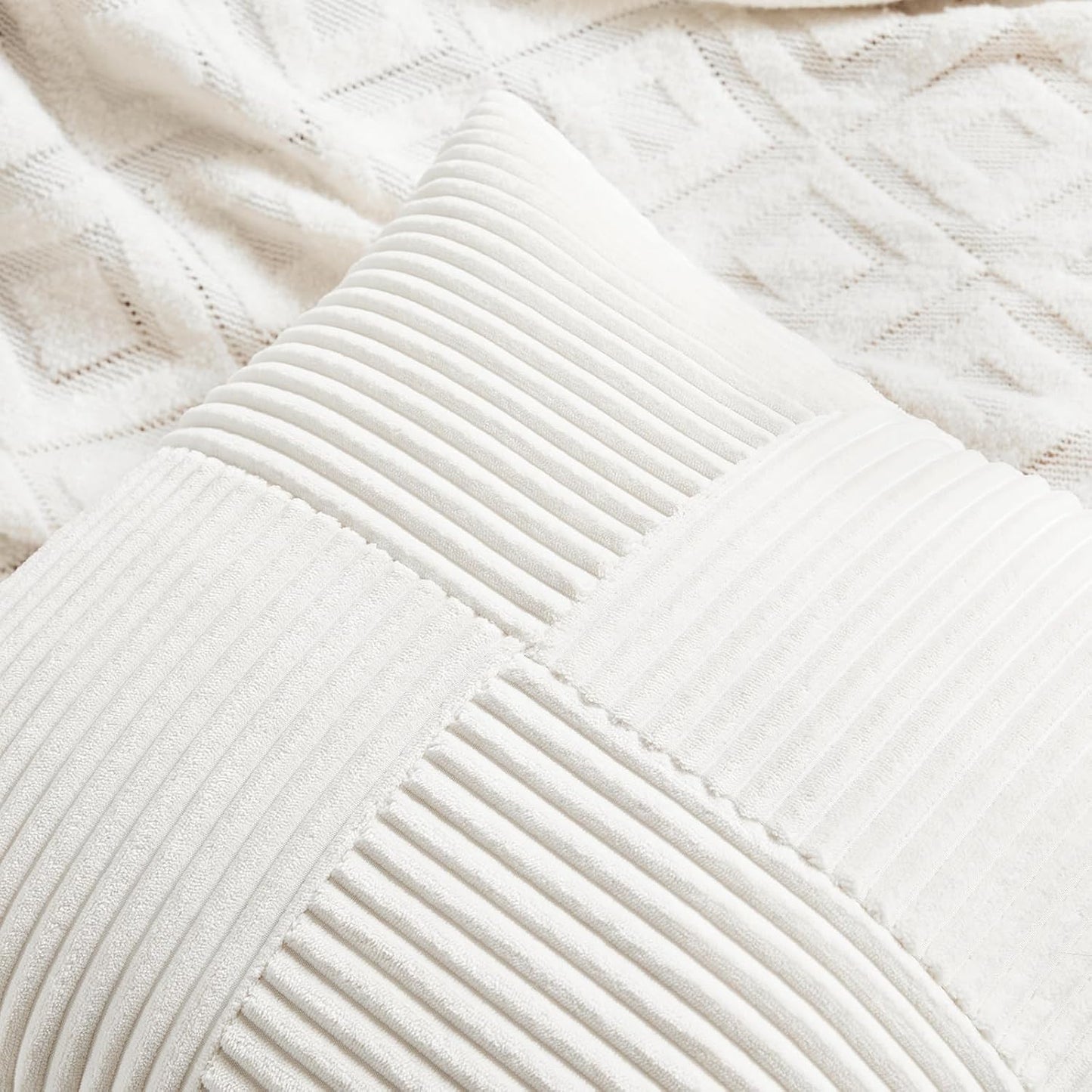 Fancy Homi 2 Packs Cream White Decorative Throw Pillow Covers 18x18 Inch for Living Room Couch Bed Sofa, Farmhouse Boho Home Decor, Soft Corss Corduroy Patchwork Textured Square Cushion Case 45x45 cm