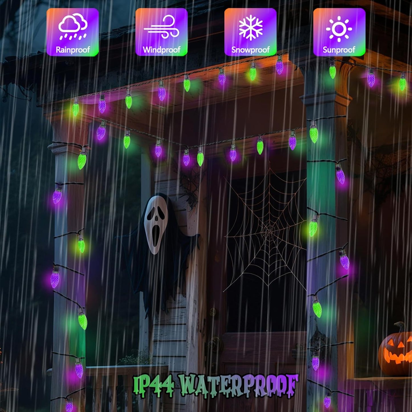 Extendable Purple and Green 2PK 100 LED C9 Halloween Lights Indoor Outdoor Waterproof, 98FT Super Bright C9 String Lights 13 Modes with Timer for Tree Patio Party Garden Halloween Decorations