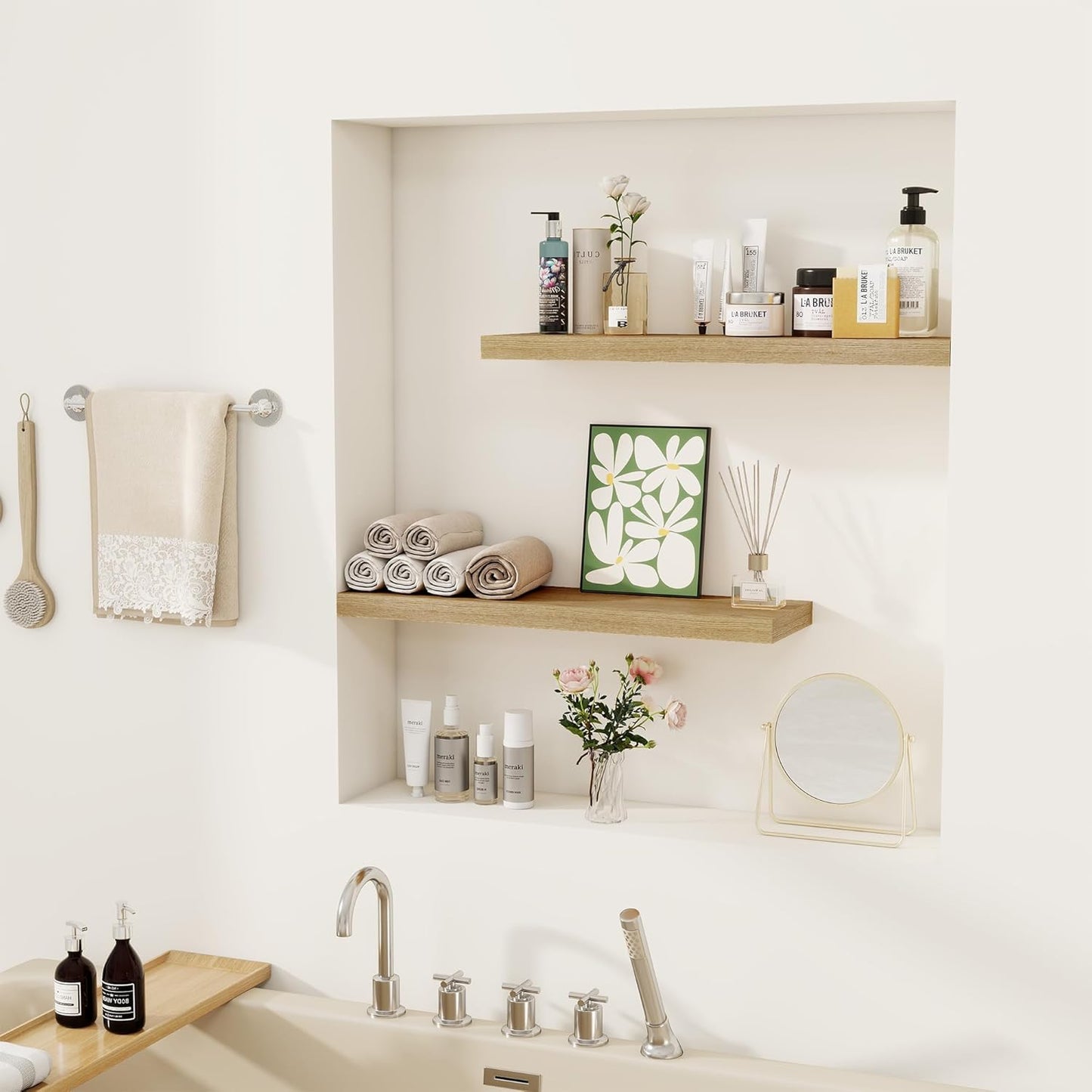 Fun Memories Floating Shelves for Wall, 22.5" Rustic Wood Deep Wall Mounted Shelves with Invisible Brackets for Decor & Storage, Floating Shelf for Living Room, Bathroom (Oak, Set of 2)