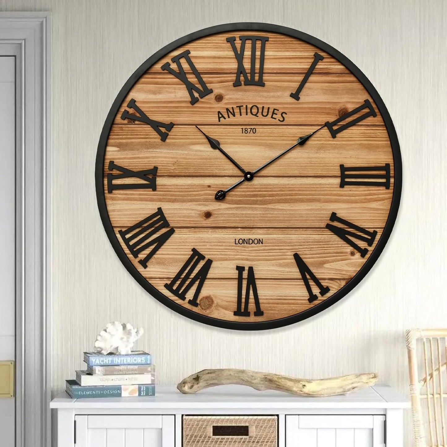 30 Inch Farmhouse Wall Clock - Large Rustic Wood, Silent Sweep, Battery Operated for Living Room Kitchen Office, Brown