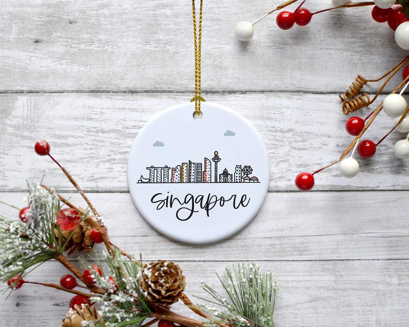 Andaz Press Round Ceramic Porcelain Christmas Tree Ornament Keepsake Gift, Singapore, Colorful International City Skyline Graphic, 1-Pack, Birthday Ideas Family Coworker Him Her, Gift Box