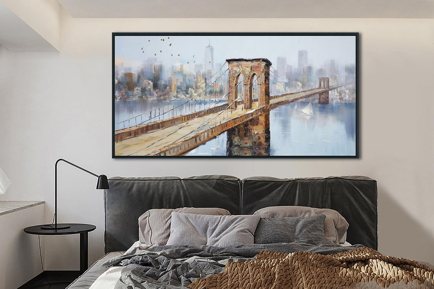 Arjun Brooklyn Bridge Canvas Wall Art Abstract Skyline New York City Painting Modern NY Cityscape Picture Textured Artwork for Bedroom Living Room Bathroom Home Office Wall Decor Framed Large 40"x20"