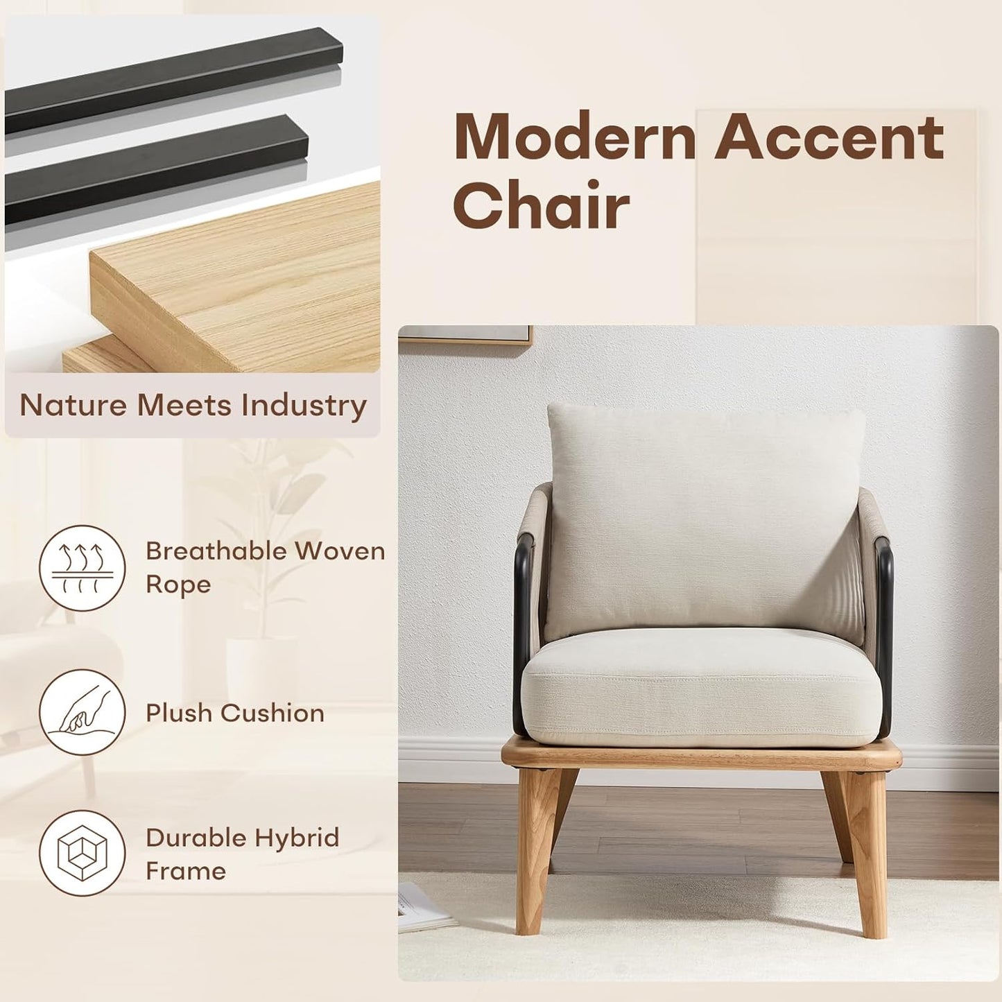 ANJ Accent Chair,Mid-Century Modern Reading Chair with Braid Armrests, Armchair for Living Room Bedroom Outdoor
