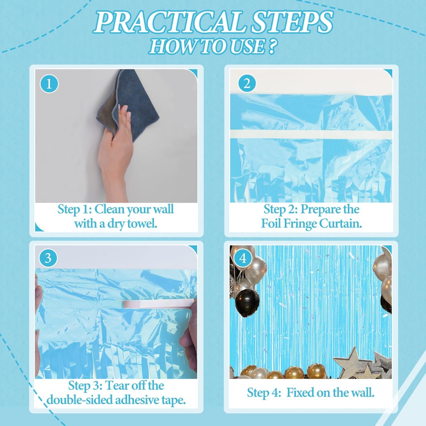 3 Pack Foil Fringe Backdrop - Pastel Blue Shiny Tinsel Curtains for Party Decoration/Photo Booth Props - 3.3x8.2 FT Metallic Foil Backdrop for Birthday, Wedding, Graduation, Christmas.