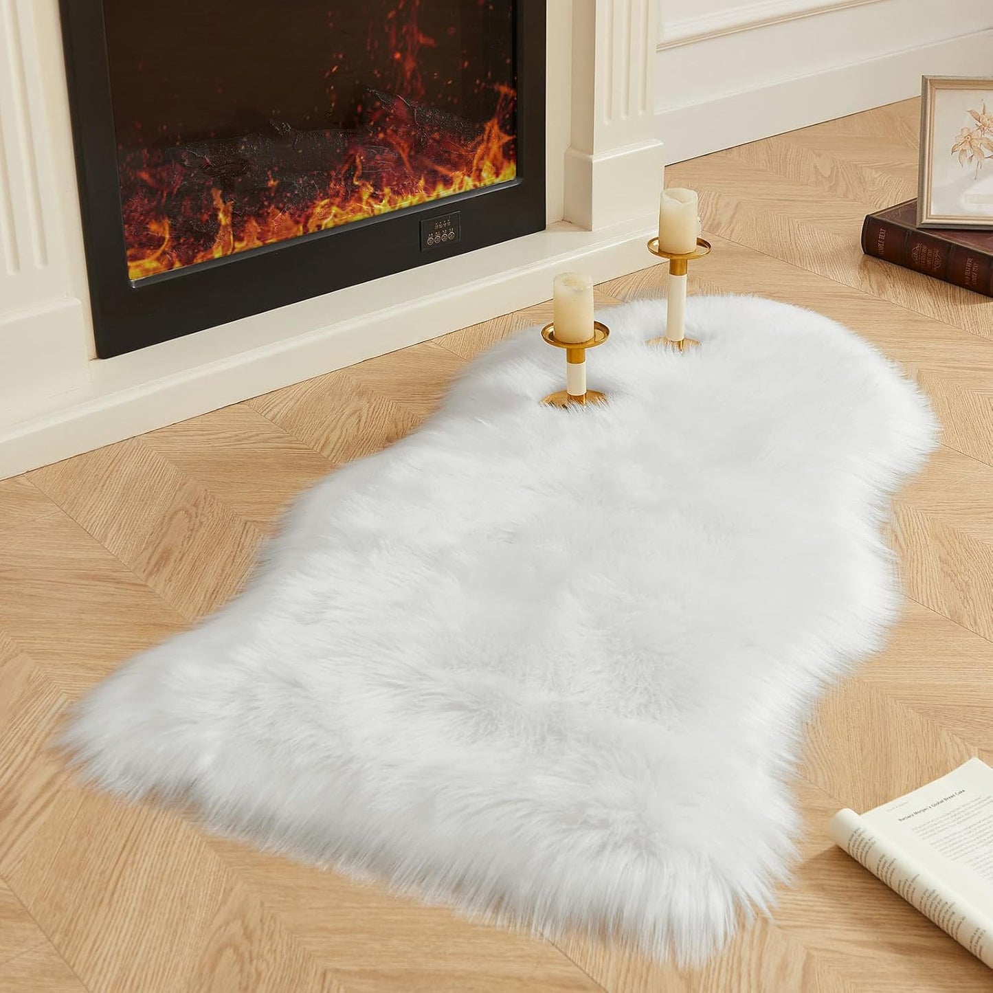 AMTOVO Faux Fur Rug, White Area Rug, Fluffy Sheepskin Rug, Fuzzy Ultra Soft 2 x 4 ft Shag Rugs for Bedroom Sofa Throw Cushion Room Decor, Sheepskin
